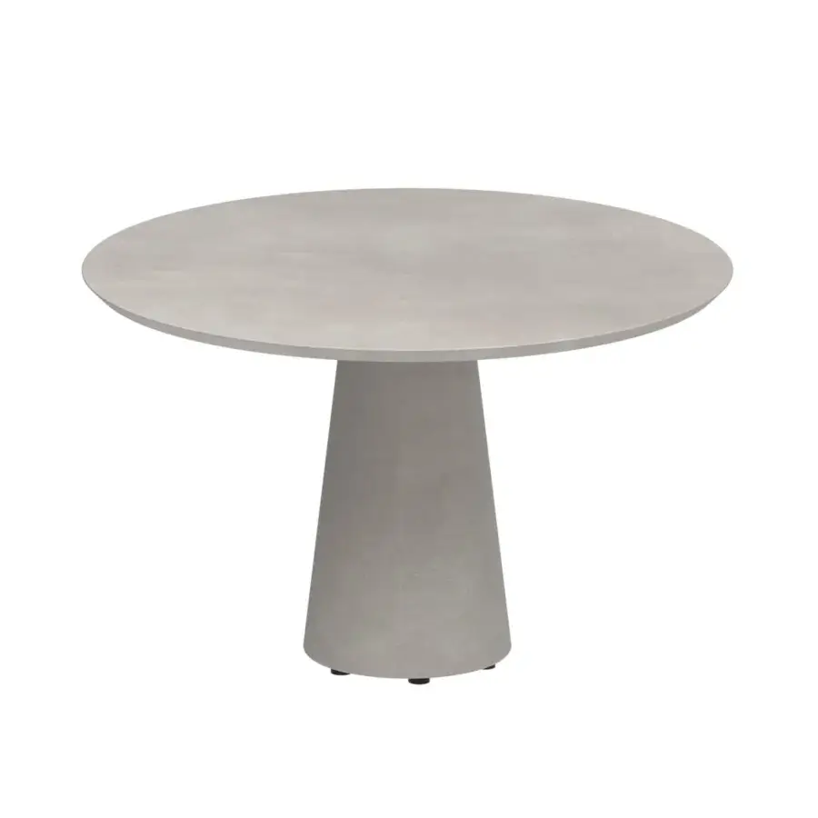 Superior Royal Botania Conix table with a round concrete top and conical base cast in fiber-reinforced Ductal® concrete with a matte finish