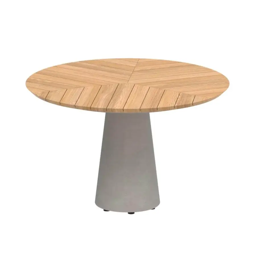 Elegant Royal Botania Conix table crafted with light brown teak wood and matte gray fibre-reinforced Ductal® concrete