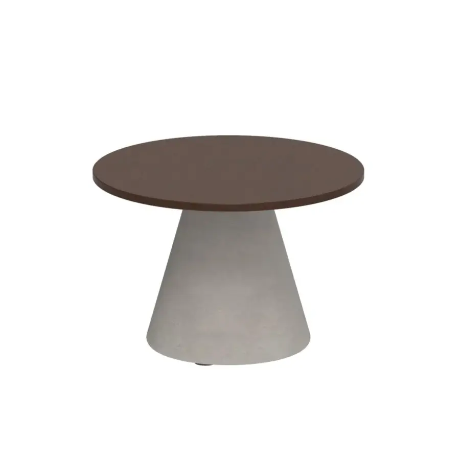 Exceptional Royal Botania Conix side table with round teak top and polished concrete conical base crafted with treated surface