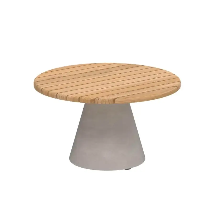 Elegant Royal Botania Conix side table with light brown teak wood top and polished matte gray Ductal® concrete base