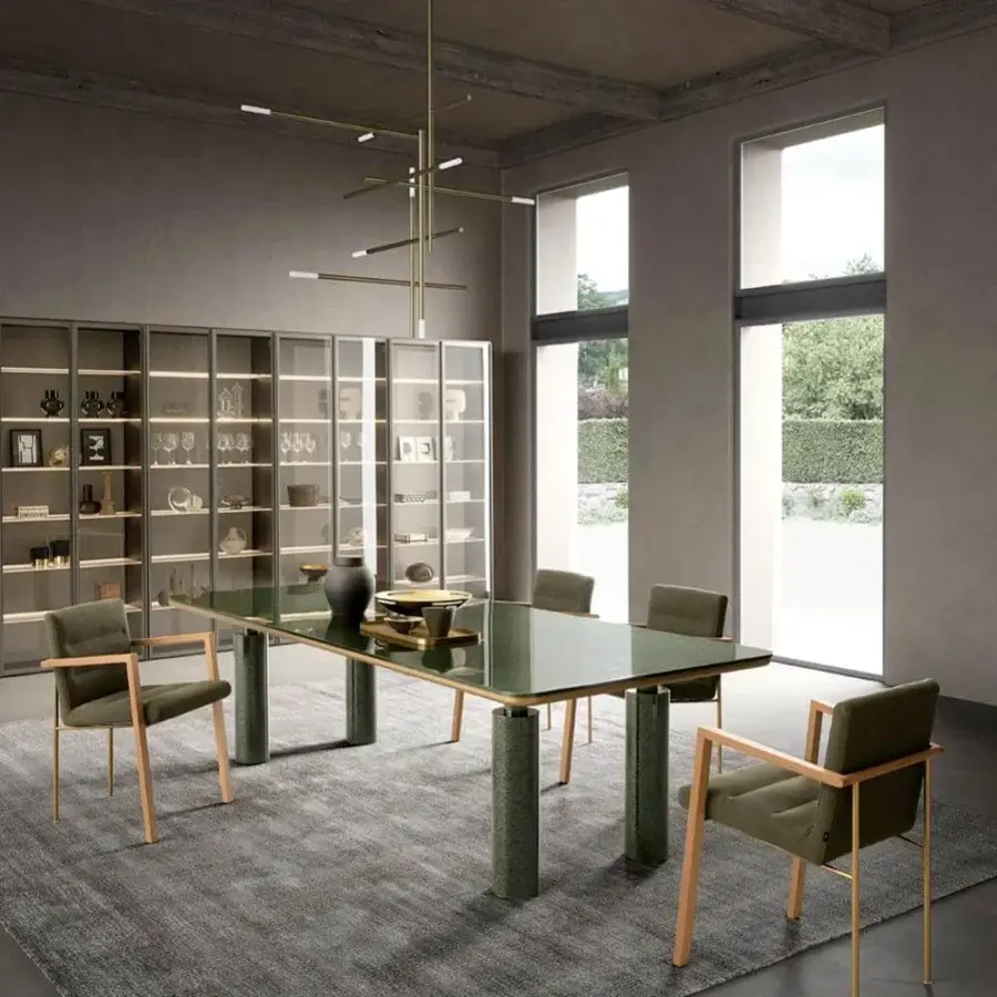 Superior Presotto Kolosso table with rectangular green glass top and textured dark green, black matt lacquered cylindrical legs