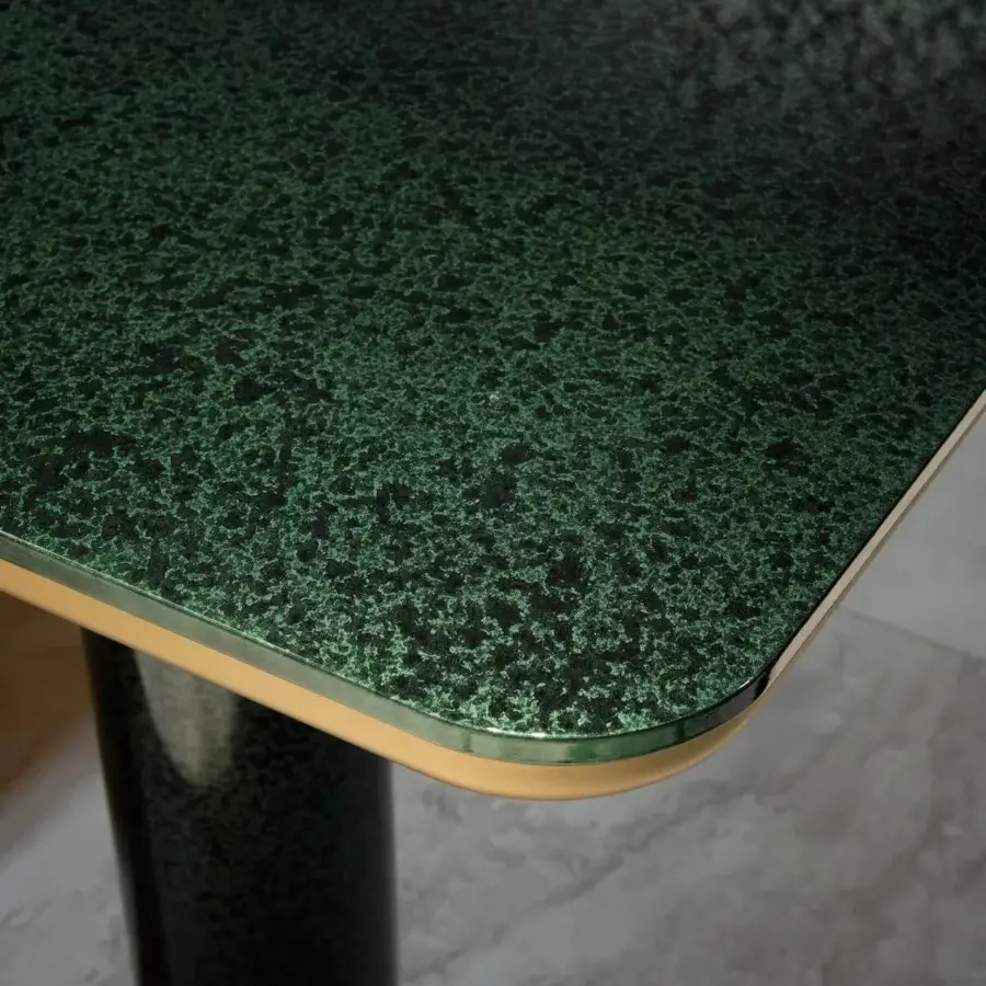 Elegant Presotto Kolosso table with a square speckled composite top and cylindrical pedestal base in green and black tones with a glossy finish