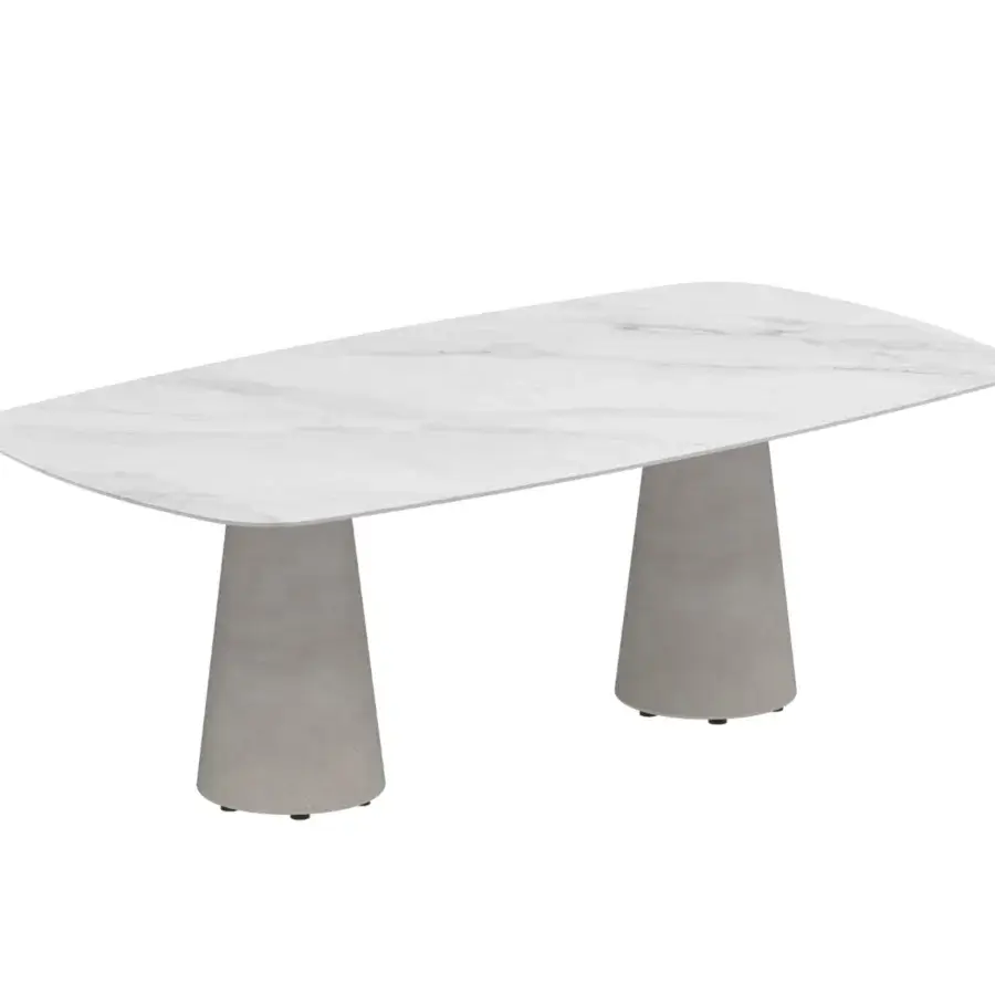 Exceptional Royal Botania Conix table with a white, marble-like ceramic top and conical fibre-reinforced Ductal® concrete bases