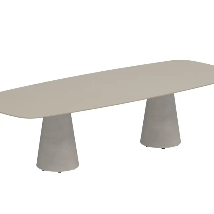Superior Royal Botania Conix table with rectangular concrete top and conical fibre-reinforced concrete bases in a light gray matte finish