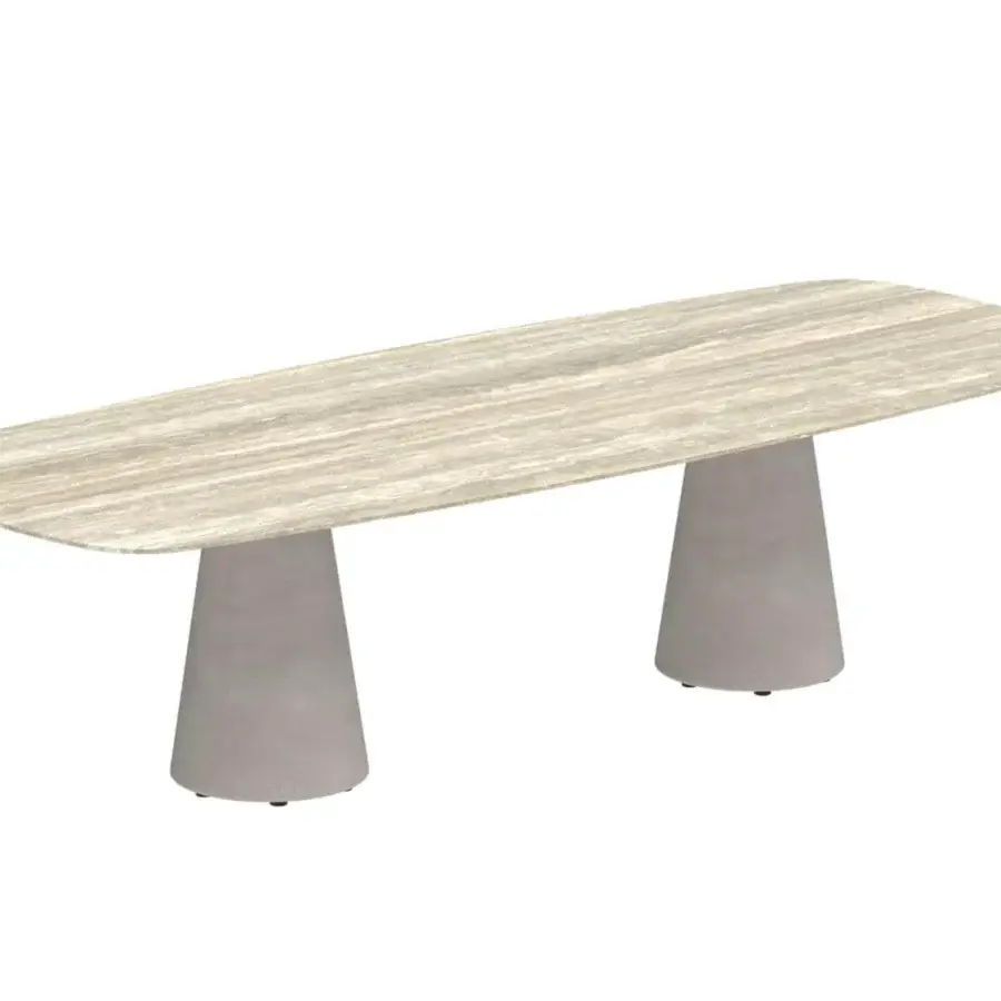 Elegant Royal Botania Conix table with light beige concrete top and light gray fibre-reinforced concrete legs crafted with a polished finish
