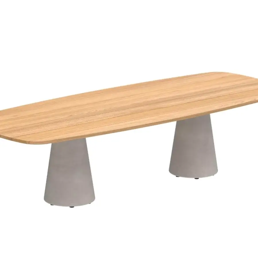 Distinguished Royal Botania Conix table with rectangular teak wood top and polished Ductal® concrete conical bases