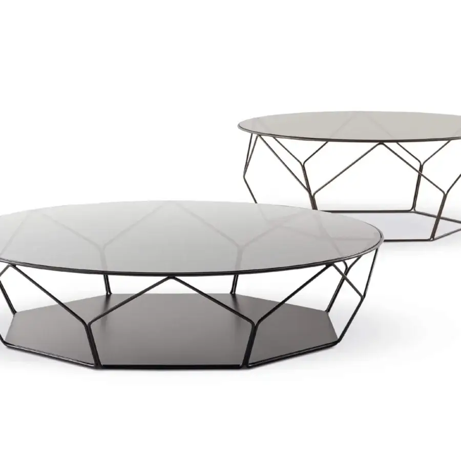 Distinguished Bonaldo Arbor coffee table with a dark metal base crafted from curved rods supporting a dark glass top and hexagonal shelf