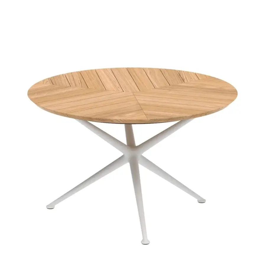 Sophisticated Royal Botania Exes table with light brown herringbone teak wood top and converging white coated aluminum legs