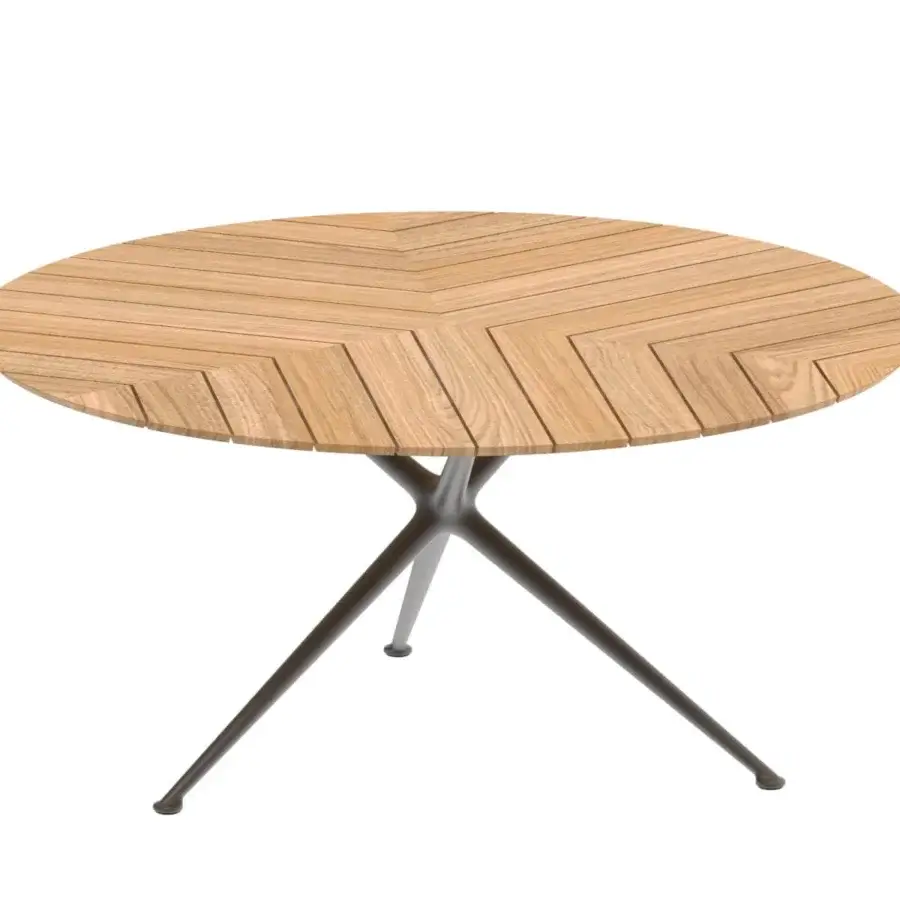 Distinguished Royal Botania Exes table crafted with teak wood and a dark coated aluminum tripod base