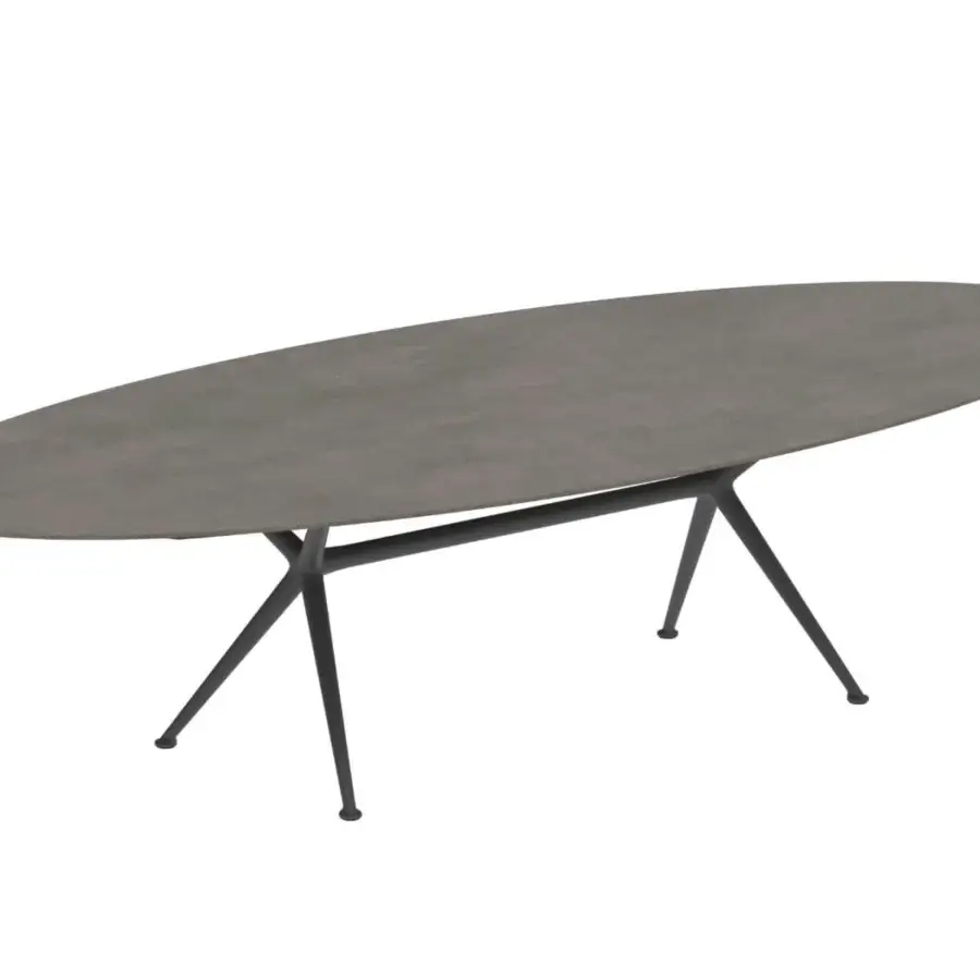 Distinguished Royal Botania Exes table with a matte gray ceramic tabletop and intersecting coated aluminum legs built with a crossbar