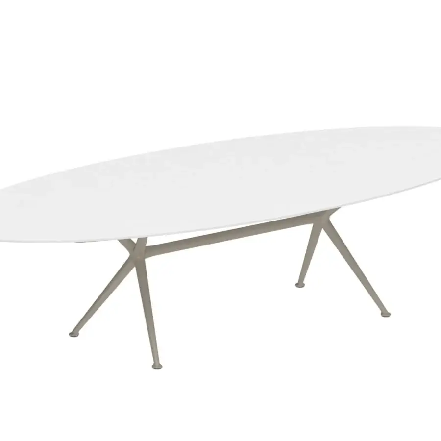Elegant Royal Botania Exes table with intersecting coated aluminum legs and matte white rectangular top