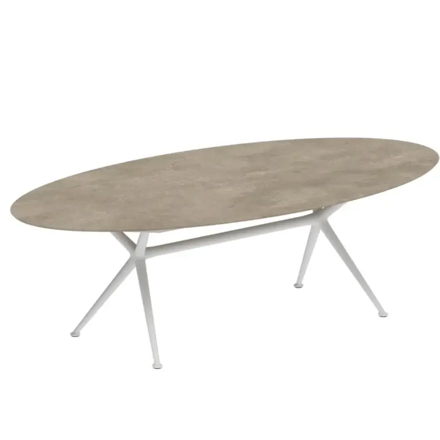 Superior Royal Botania Exes table with sleek white coated aluminum legs and mottled beige matte ceramic top