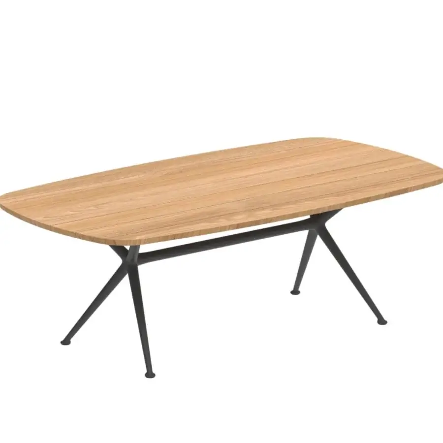Elegant Royal Botania Exes table with light brown teak wood and dark coated aluminum intersecting legs