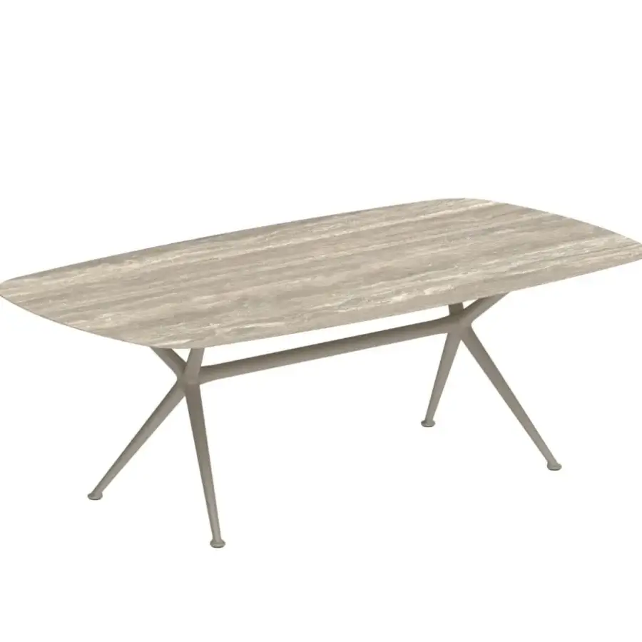 Distinguished Royal Botania Exes table with a marbled light beige and gray ceramic top and light gray coated aluminum base