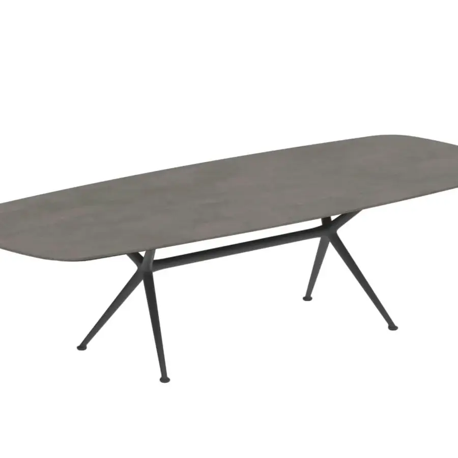 Sophisticated Royal Botania Exes table with a smooth gray concrete-like ceramic top and dark coated aluminum X-leg base