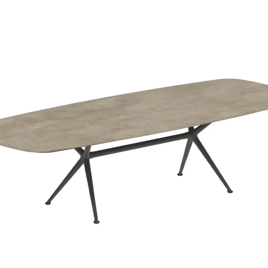 Distinctive Royal Botania Exes table with light beige ceramic top and dark coated aluminum base showcasing intersecting legs with a textured matte finish