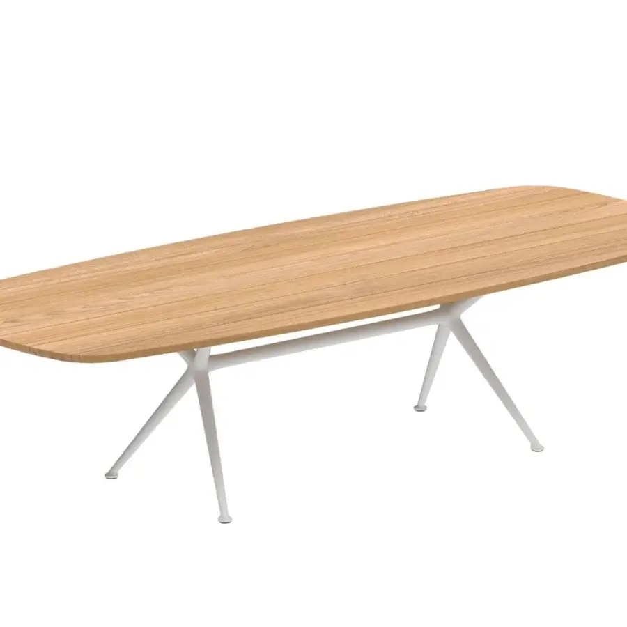 Superior Royal Botania Exes table with intersecting white coated aluminum legs and teak wood tabletop showcasing natural grain