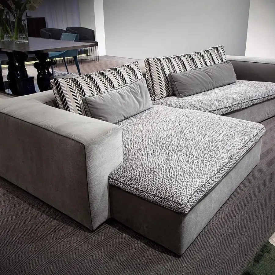 Lavish Erba David sectional crafted in Italy with muted gray velveteen and 100% cotton fabric upholstery
