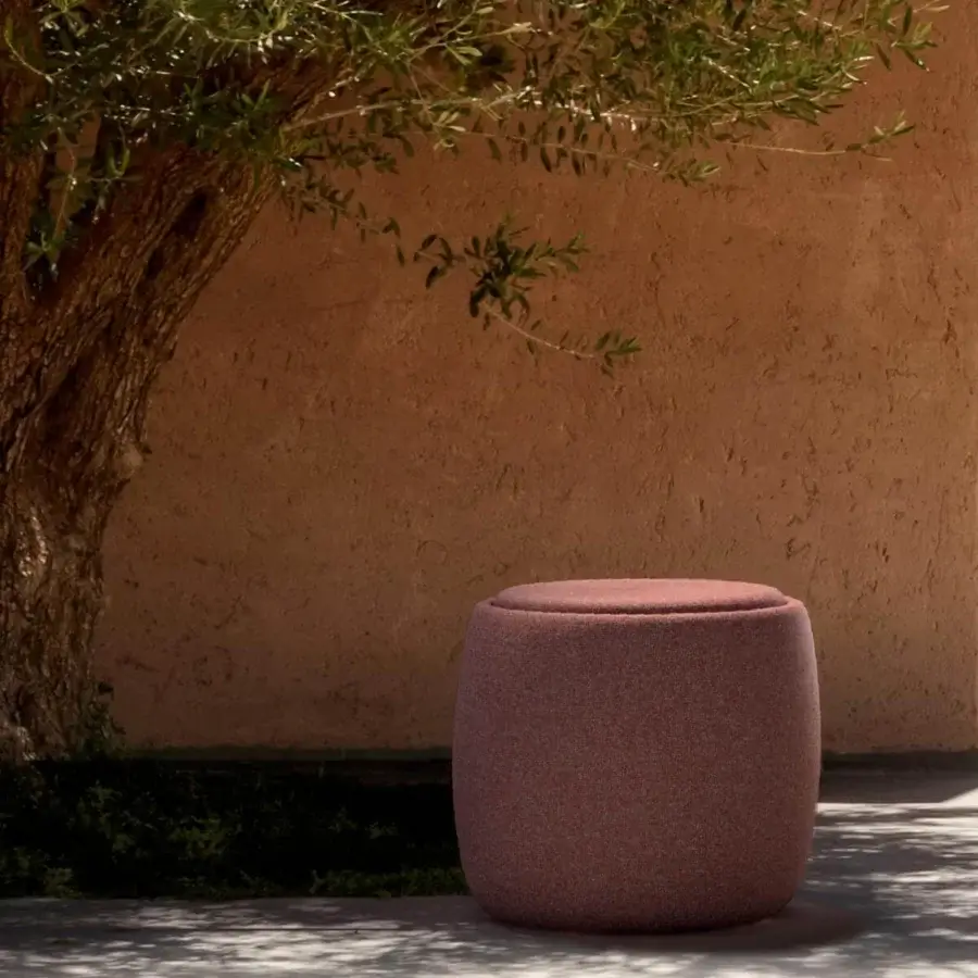 Exceptional Royal Botania Tono ottoman with reddish-brown textured textile offering versatile function as seating, storage or planter