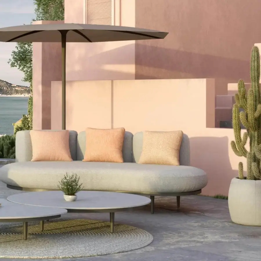 Superior Royal Botania Tono ottoman with molded plastic core and light grey textile upholstery complemented by peach cushions