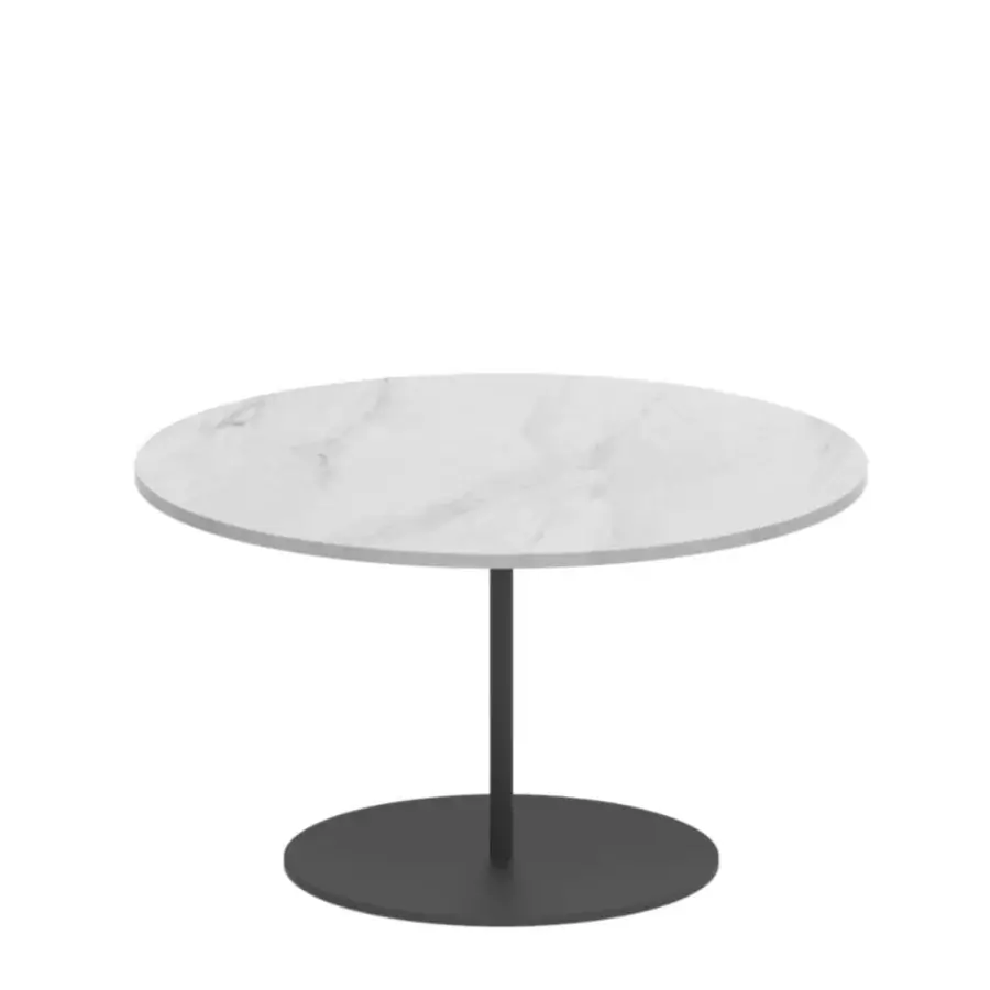 Elegant Royal Botania Butler side table with coated stainless steel base and enameled lava stone top in subtle gray veining with matte finish