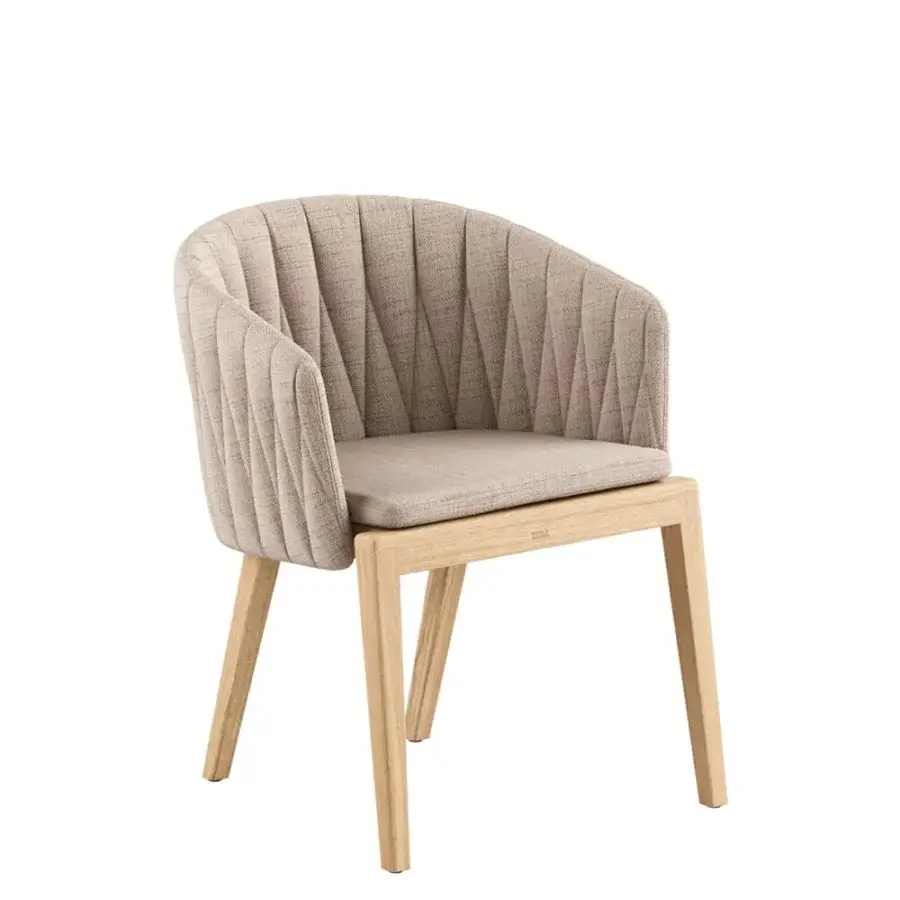 Sophisticated Royal Botania Calypso armchair with light beige textile upholstery, stainless steel backrest and detachable teak base