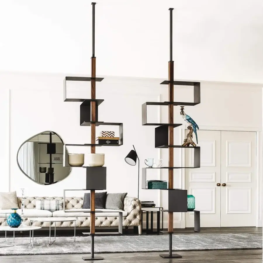 Superior Cattelan Italia Tokyo bookcase crafted in embossed lacquered steel with Canaletto walnut supports exhibiting a minimalist aesthetic