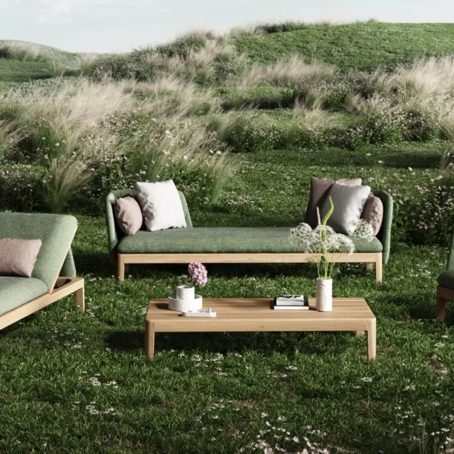Exceptional Royal Botania Calypso lounge chair with light-toned teak base and verdant green textile upholstery