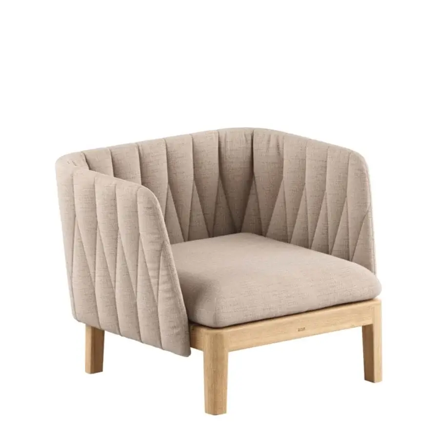 Exceptional Royal Botania Calypso lounge chair with plush light beige textile and balanced teak base