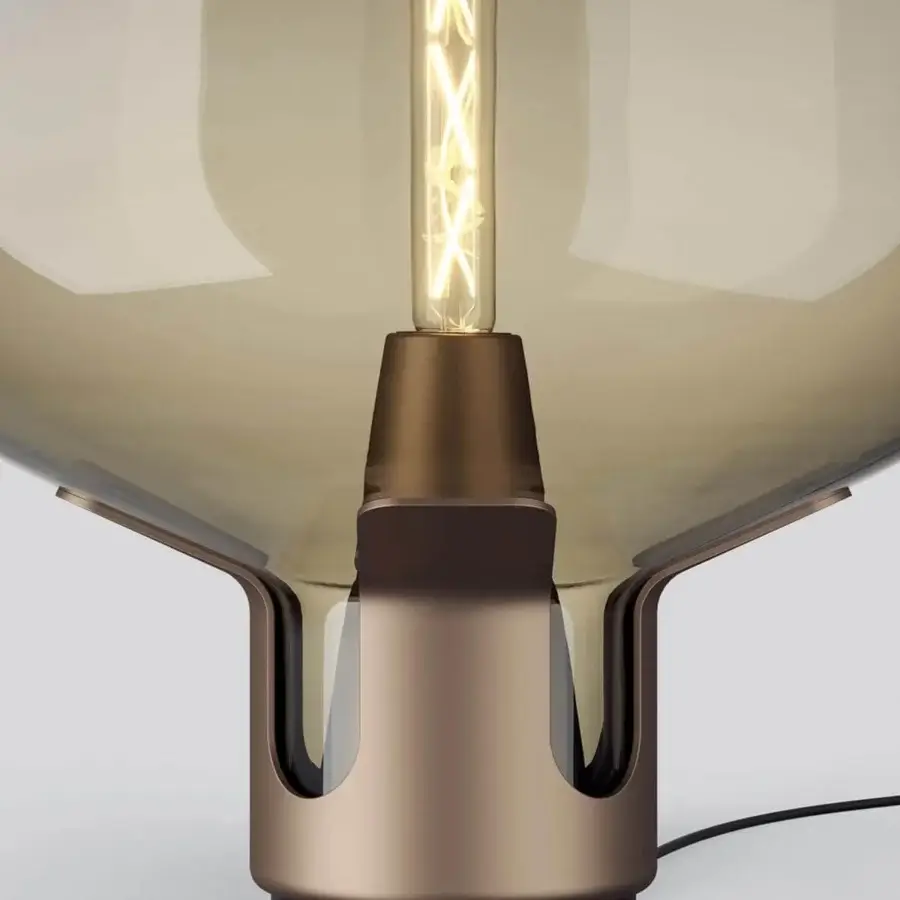 Superior Lodes Flar table lamp in smoky brown blown glass with bronze-finished metal built with distinctive U-shaped cutouts