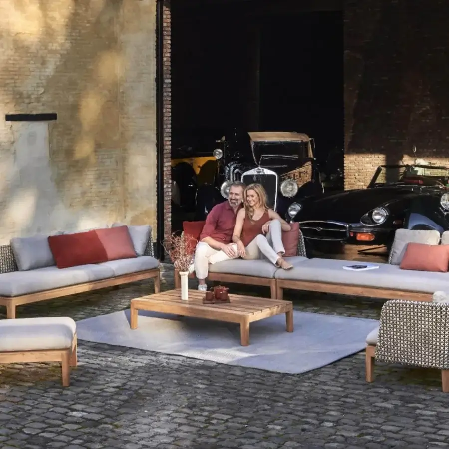 Superior Royal Botania Calypso lounge lounger with reclining teak, stainless steel, textured gray textile and vibrant red cushions