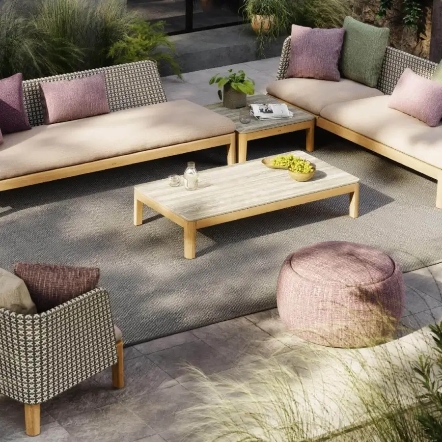 Lavish Royal Botania Calypso lounge lounger with reclining teak base and stainless steel backrest in light beige textile with matte finish