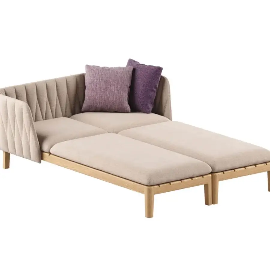Distinguished Royal Botania Calypso lounge lounger with reclining teak base and detachable stainless steel backrest upholstered in textured beige textile with purple pillows
