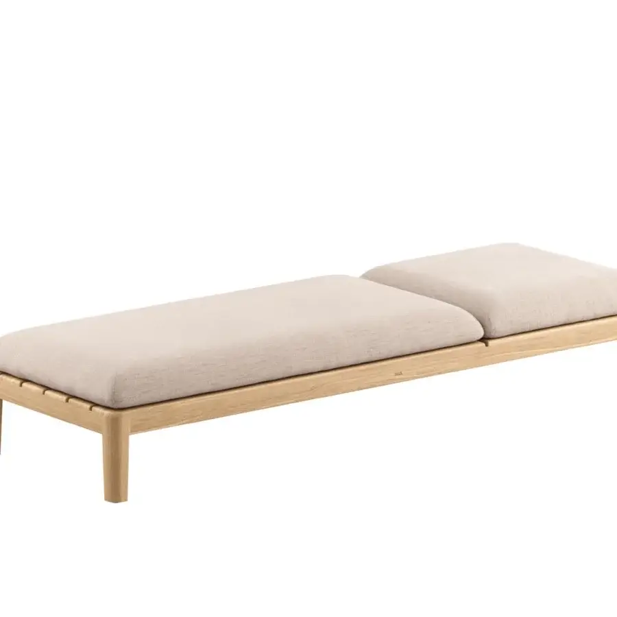 Exceptional Royal Botania Calypso lounge lounger with reclining teak base and stainless steel U-shaped backrest upholstered in beige textile