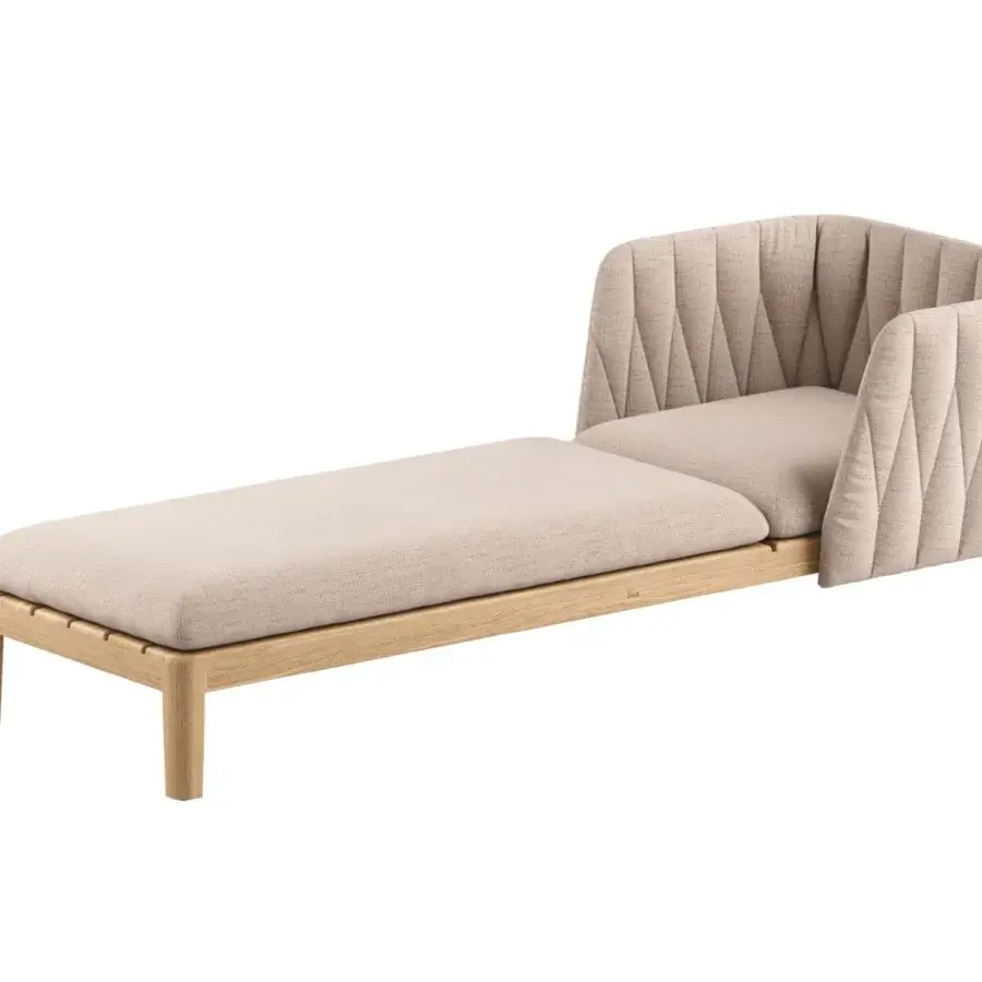 Captivating Royal Botania Calypso lounge lounger with light beige upholstery and matte teak, featuring a detachable stainless steel backrest