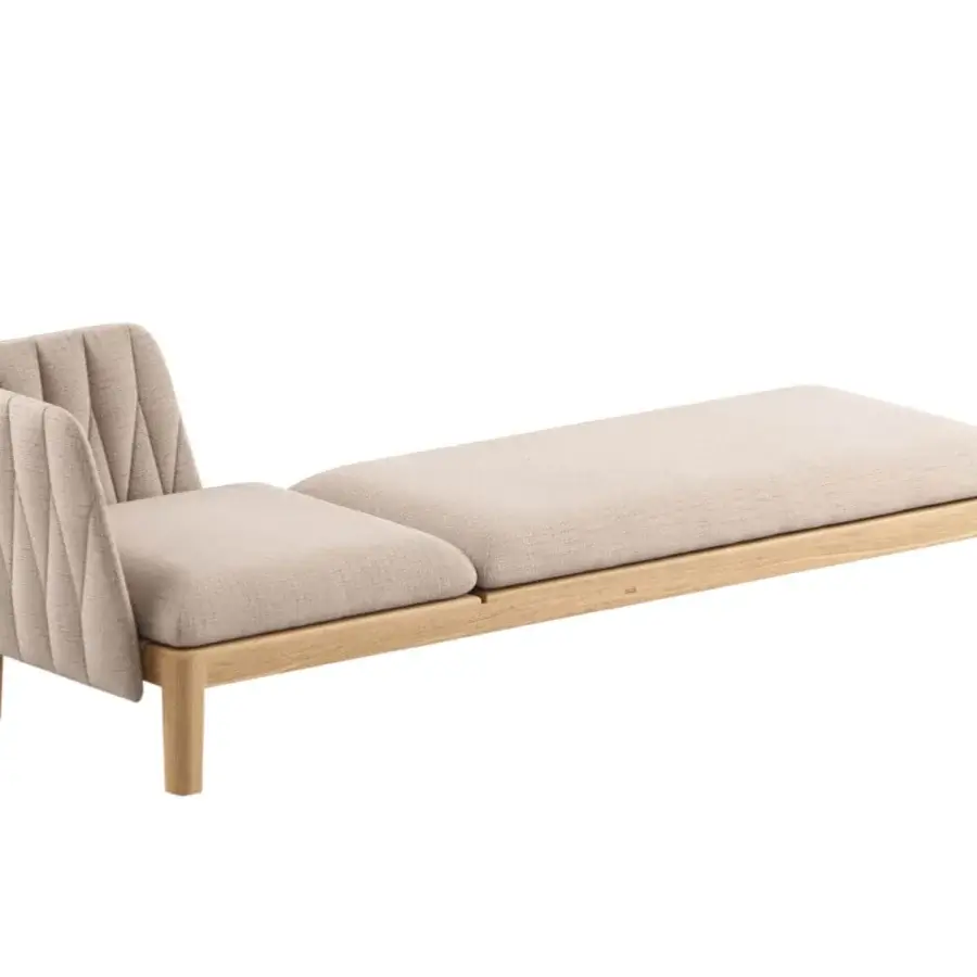 Distinguished Royal Botania Calypso lounge lounger with light beige textile upholstery and smooth teak base, exhibiting a matte finish