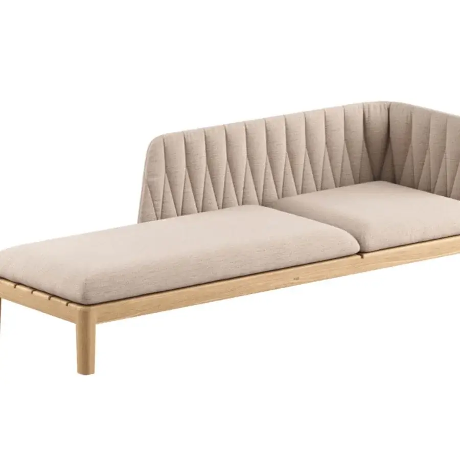Exceptional Royal Botania Calypso lounge lounger with a reclining teak base and light beige textile upholstery