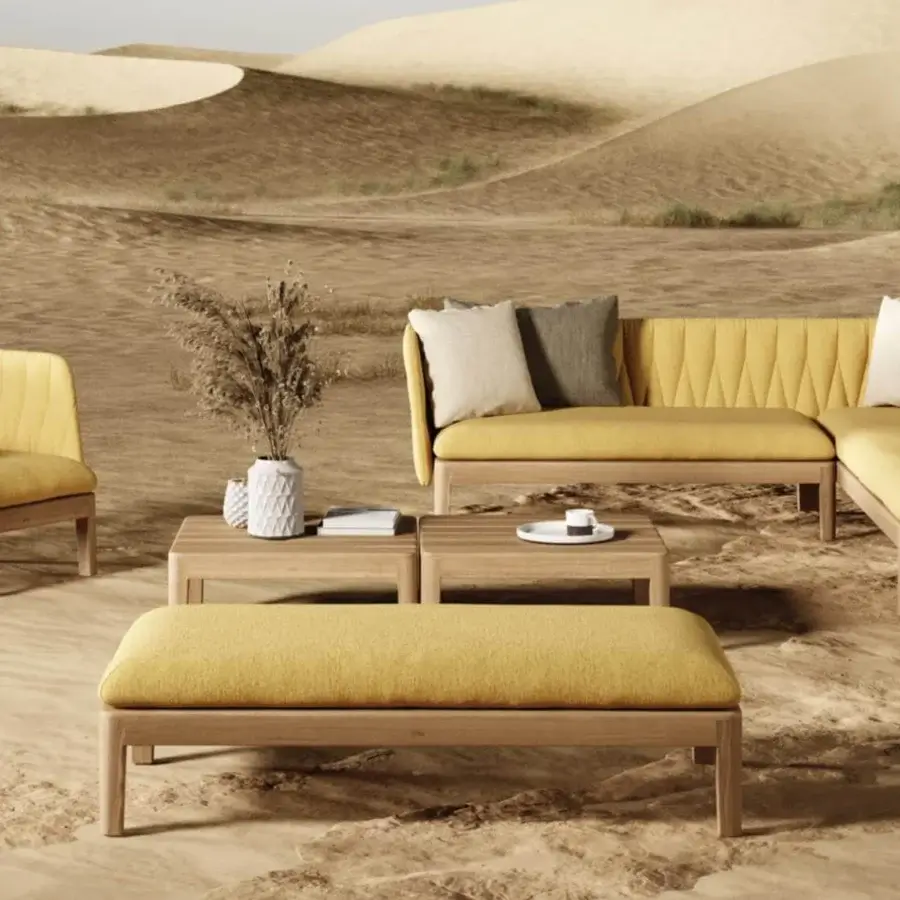 Distinguished Royal Botania Calypso lounge coffee table crafted in teak wood with a smooth matte finish and geometric form