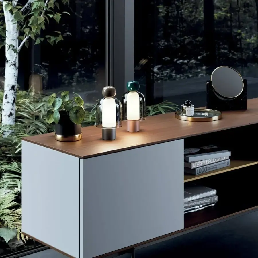 Exceptional Lodes Easy Peasy table lamp with dark brown metal, blown glass shade and technopolymer knob in matte finish