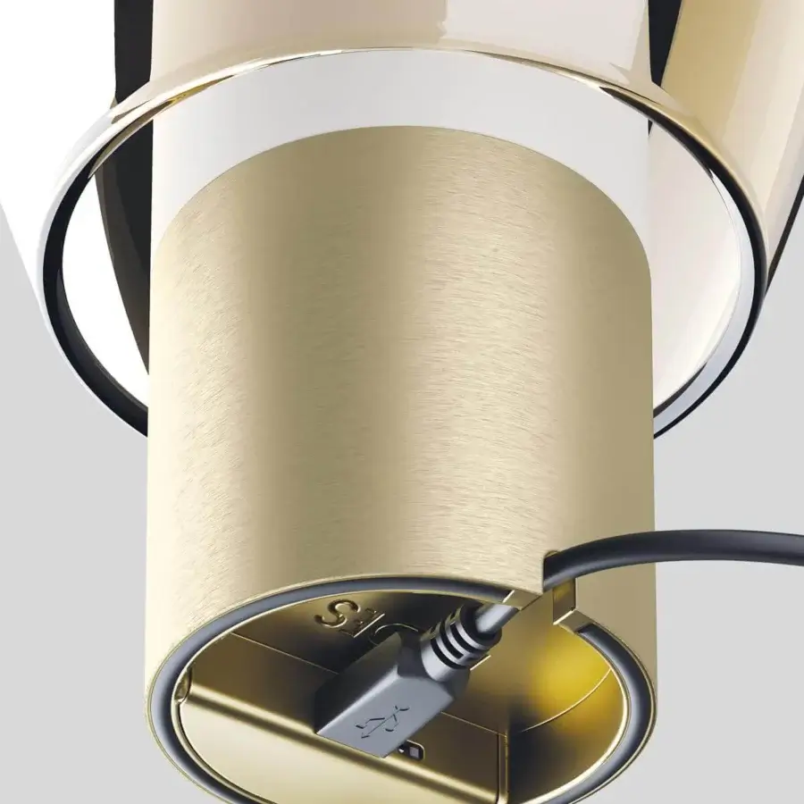Captivating Lodes Easy Peasy table lamp with a sculptural form in brushed gold and blown glass with darker bands