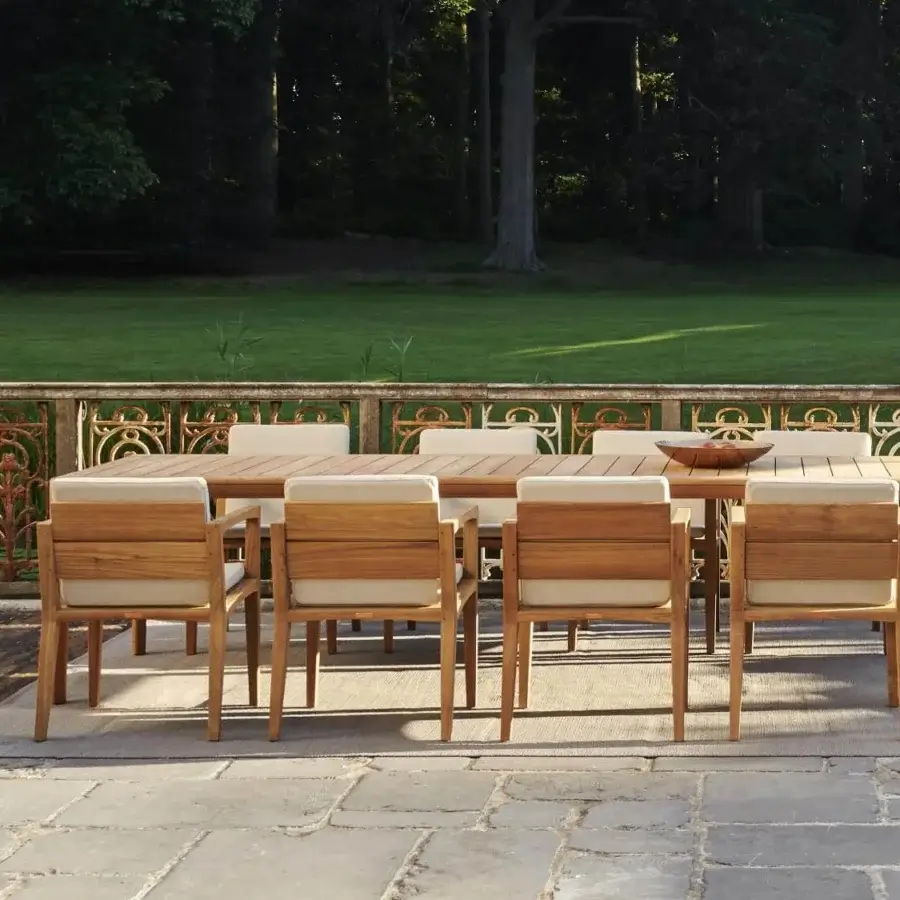 Elegant Royal Botania U-nite table built in teak with a light brown tone and smooth finish