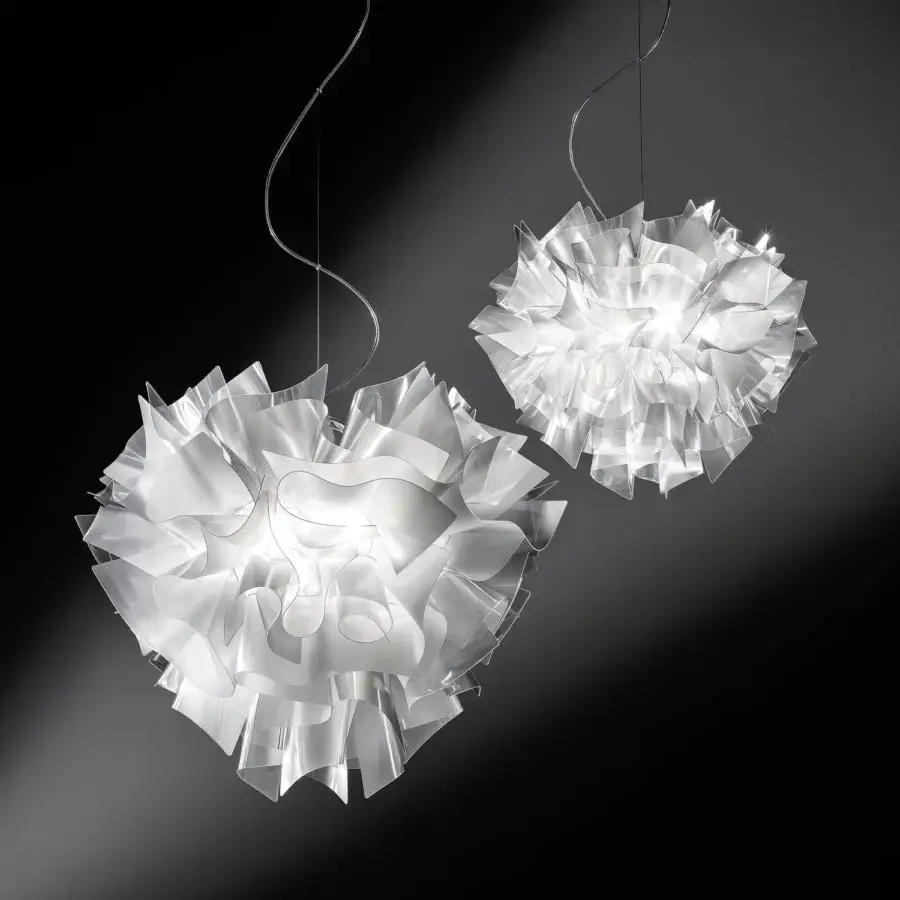 Elegant Slamp Veli suspension lamp crafted in bright white translucent Opalflex® with a glossy finish and silver-toned metal cable