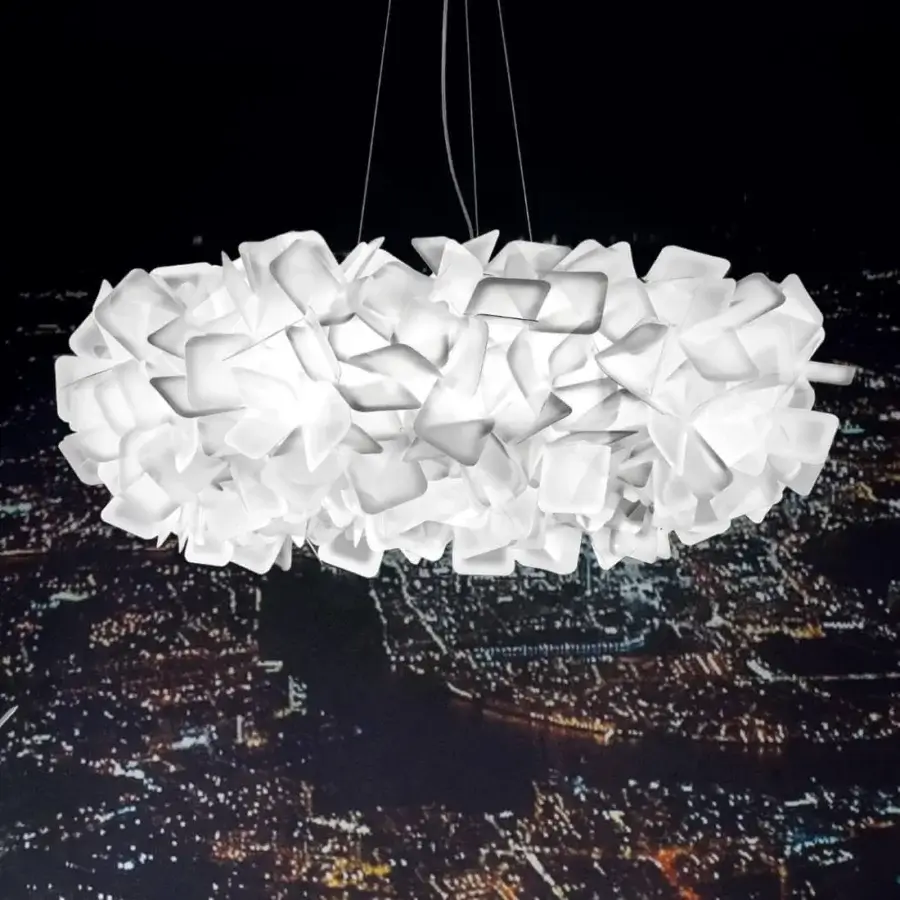 Distinguished Slamp Clizia suspension lamp in white Opalflex® with woven squares and graceful cables