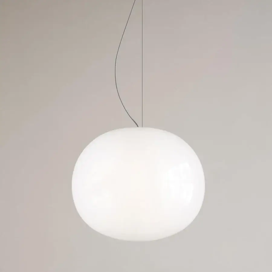 Distinguished Lodes Volum suspension lamp crafted in white blown glass with glossy finish and delicate gray cord