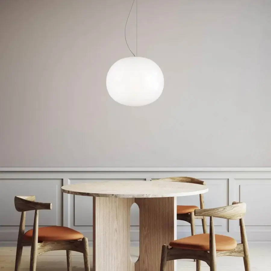 Superior Lodes Volum suspension lamp crafted in refined white blown glass offering uninterrupted illumination