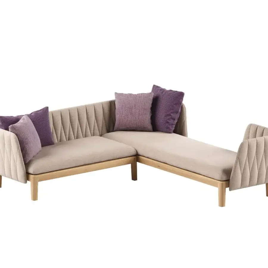 Distinguished Royal Botania Calypso sectional with a teak base, detachable stainless steel backrests, light beige cushions and decorative purple pillows