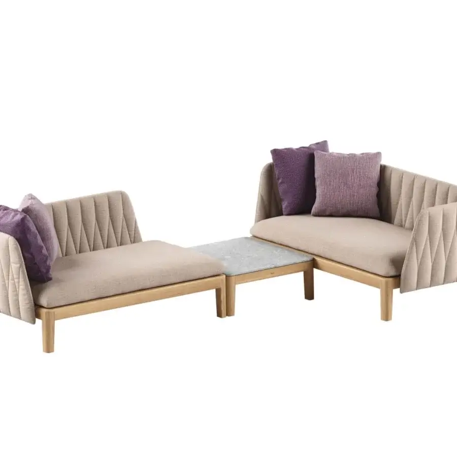 Exceptional Royal Botania Calypso lounge sectional with teak base, stainless steel backrests, and plush beige textile cushions accented with purple pillows