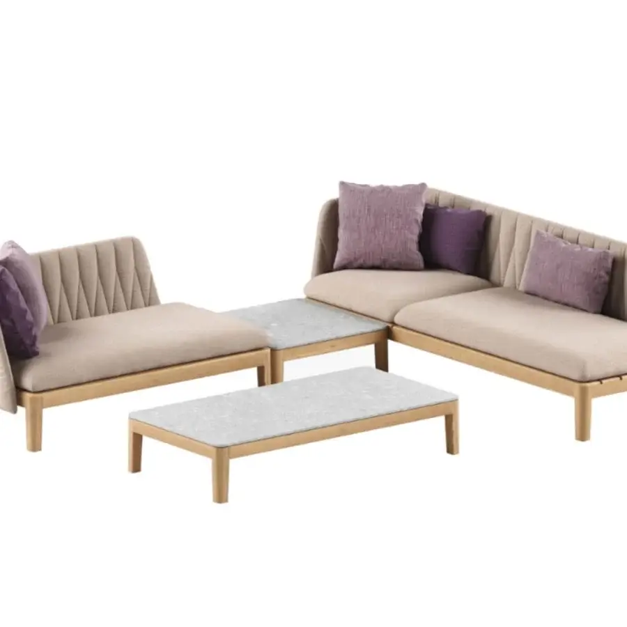 Sophisticated Royal Botania Calypso lounge sectional with teak base, stainless steel backrests, light brown textile cushions and gray ceramic tables