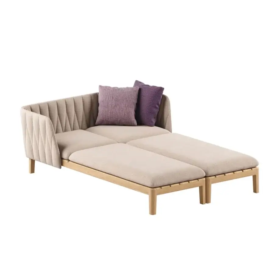Lavish Royal Botania Calypso lounge sectional with teak base, stainless steel backrests, light beige textile upholstery and purple cushions