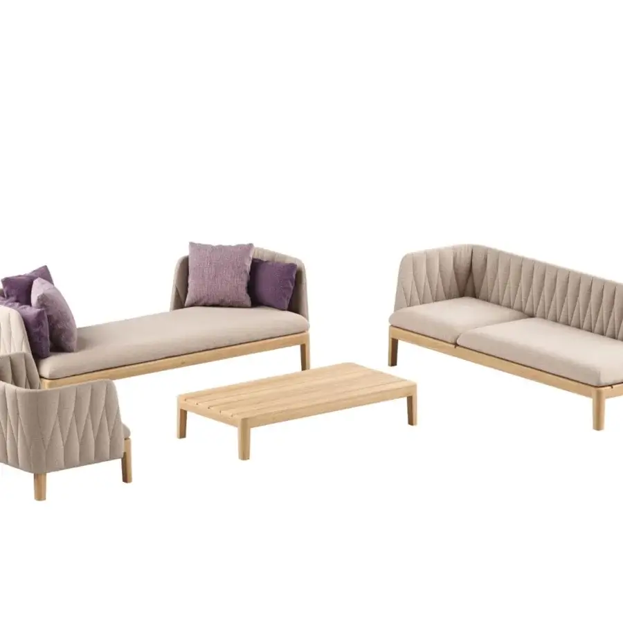 Distinguished Royal Botania Calypso lounge sectional with teak base, quilted light beige textile upholstery, and U-shaped stainless steel backrests